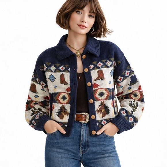 The Eagle's Eye 1989 Hand Knit Western Cowboy Cardigan Sweater Jacket Sz S - Picture 14 of 14